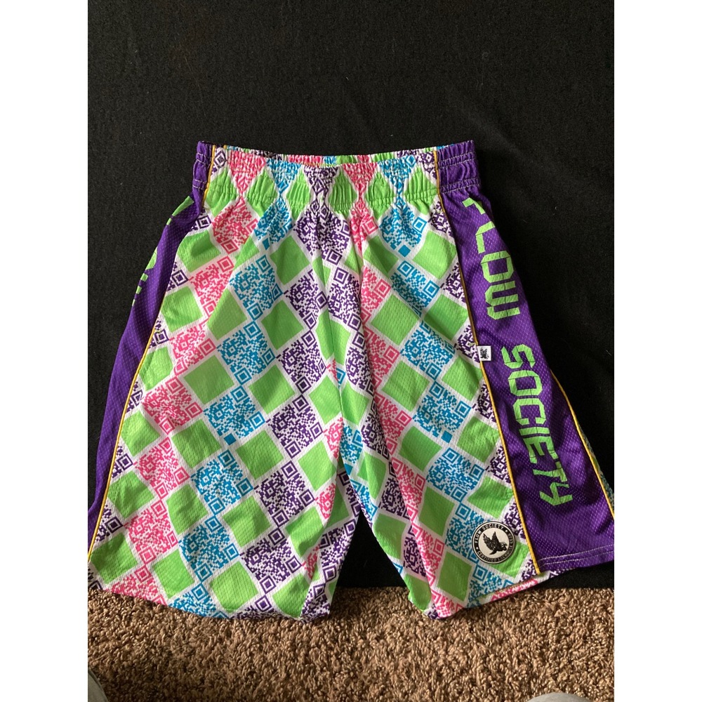 Flow Society Youth Medium Lacrosse Shorts QR Code Pattern Green Purple Mesh